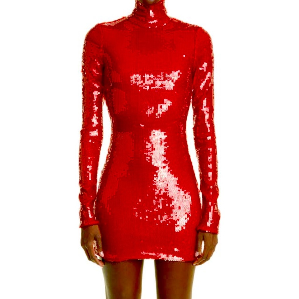 LaQuan Smith
Sequin Mock Neck
Long Sleeve Minidress: Size M: Color: Cherry
